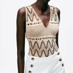 Zara • Beige V Neck Cutout Bodysuit • Strappy Tie Back Bodysuit